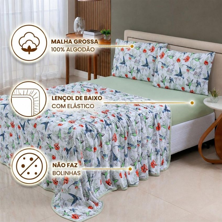 Jogo De Cama Lençol Malha Grossa Fio Penteado 100% Algodão King 4 Peças - Beija Flor - imagem 2