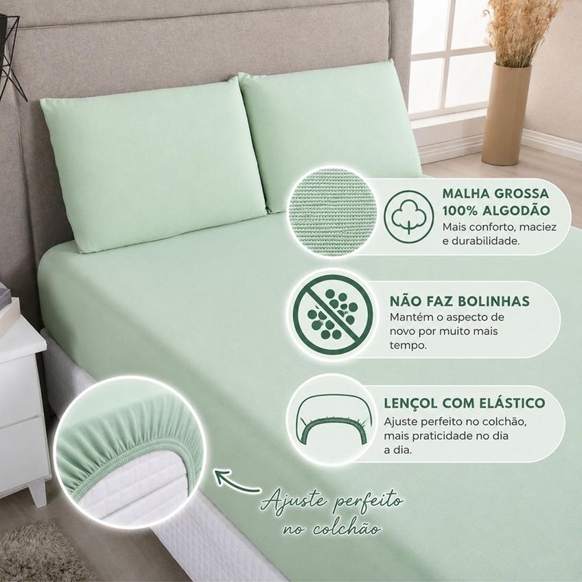 Jogo De Cama Lençol Malha Grossa Fio Penteado 100% Algodão King 3 Peças - Verde - imagem 2