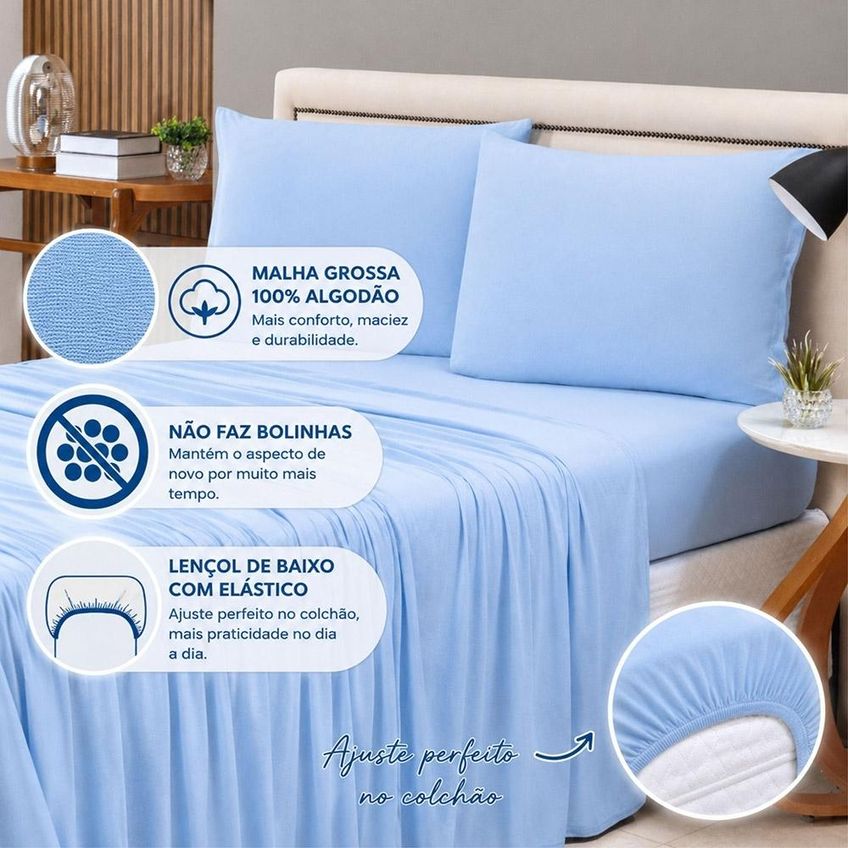 Jogo De Cama Lençol Malha Grossa Fio Penteado 100% Algodão Queen 4 Peças - Azul - imagem 2