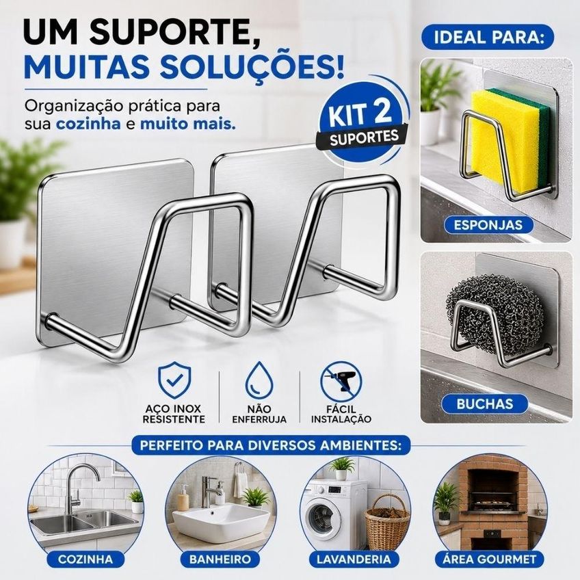 Kit Com 2 Suportes Em Aço Inox Para Esponja E Bucha De Pia - imagem 4