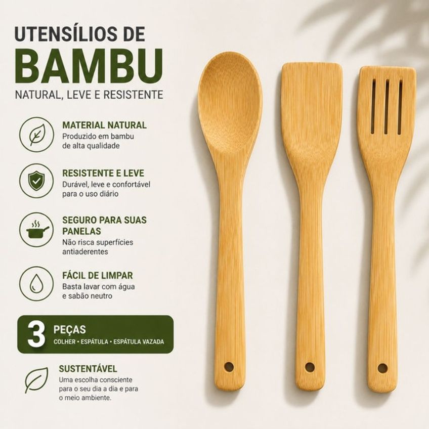 Kit Utensílios De Cozinha Em Bambu 3 Peças: Colher, Garfo E Espátula - imagem 2