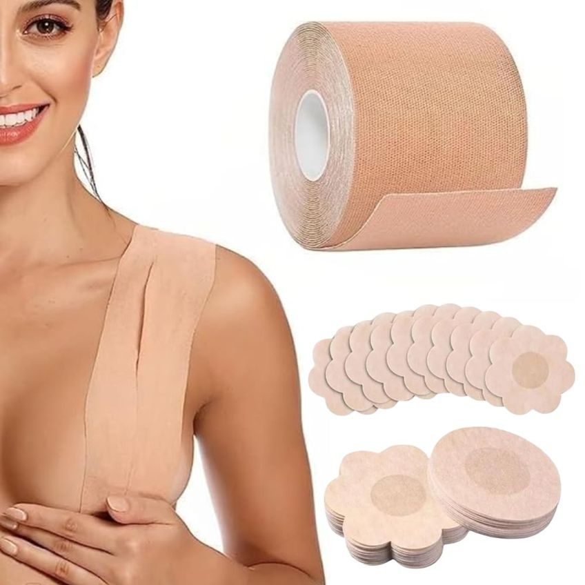 Kit Sutiã Adesivo Fita Levanta Seios Boob Tape 5m + 10 Protetores Tapa Mamilo - imagem 2