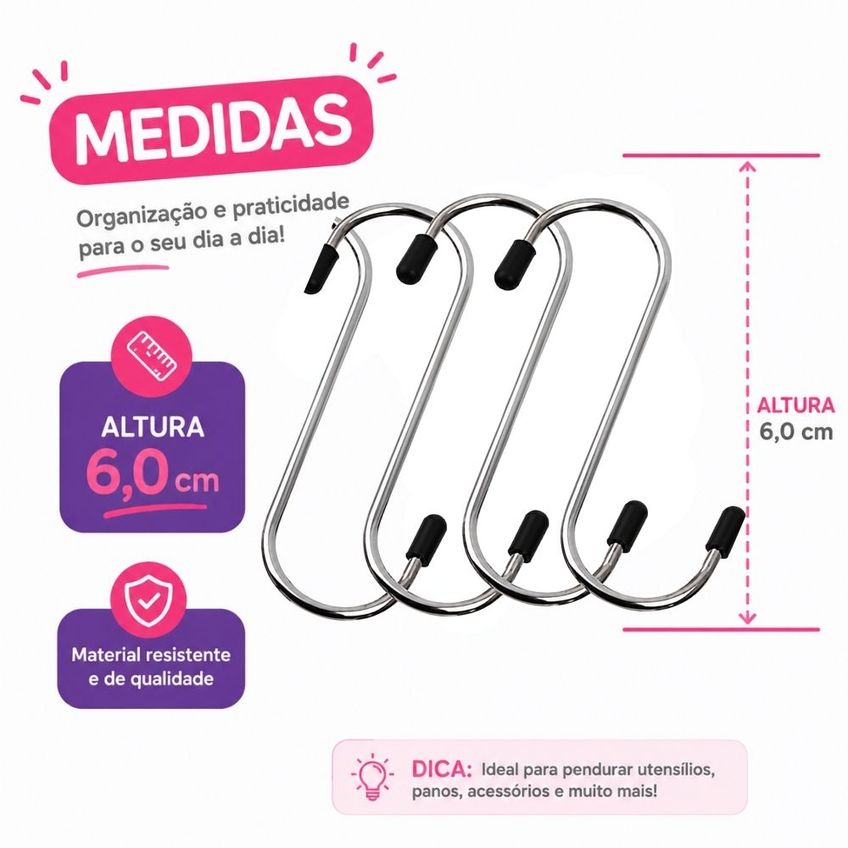 Kit Com 4 Ganchos De Metal Tipo S Multiuso Para Organização - imagem 3