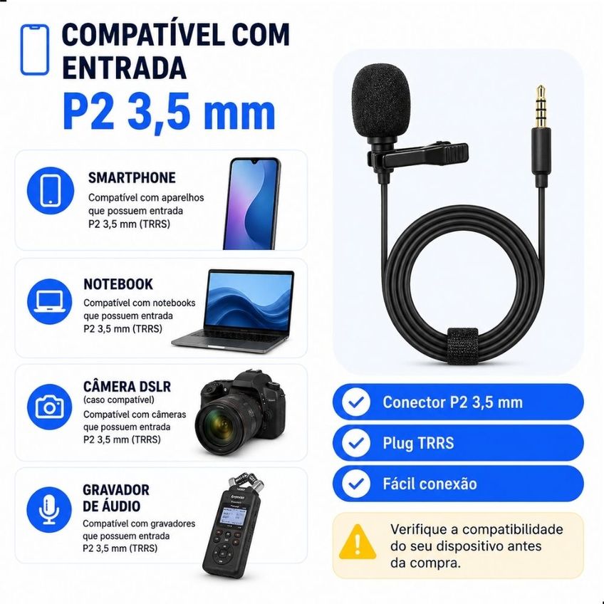 Microfone De Lapela Omnidirecional P2 3,5 Mm Com Adaptador E Cabo De 1,5 M Para Celular E Notebook - imagem 2