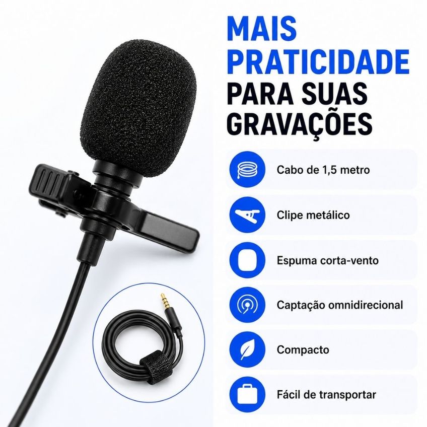 Microfone De Lapela Omnidirecional P2 3,5 Mm Com Adaptador E Cabo De 1,5 M Para Celular E Notebook - imagem 3