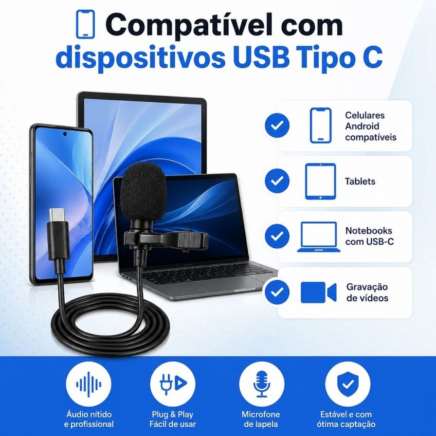 Microfone De Lapela USB Tipo C Com Cabo De 1,5m Para Celular Android E Notebook - imagem 2