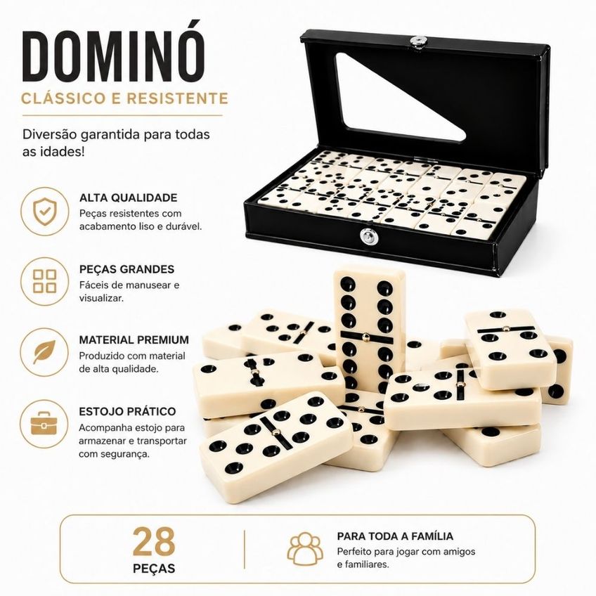 Dominó Clássico Com 28 Peças E Estojo Para Jogos Em Família - imagem 3