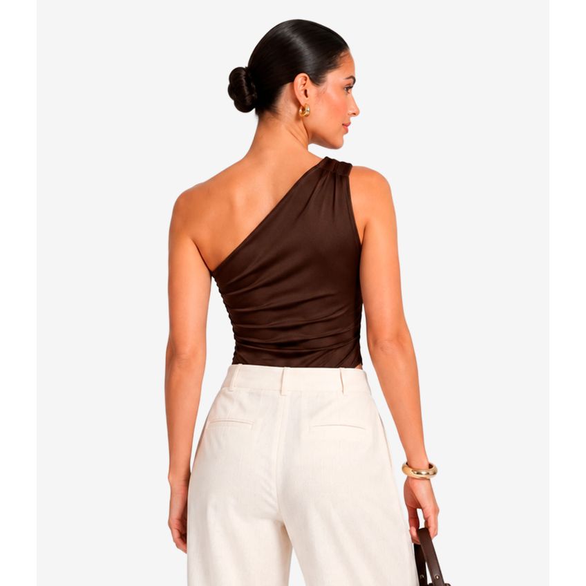 Body Feminino Ombro Único Franzido Tendência Marrom M - imagem 3
