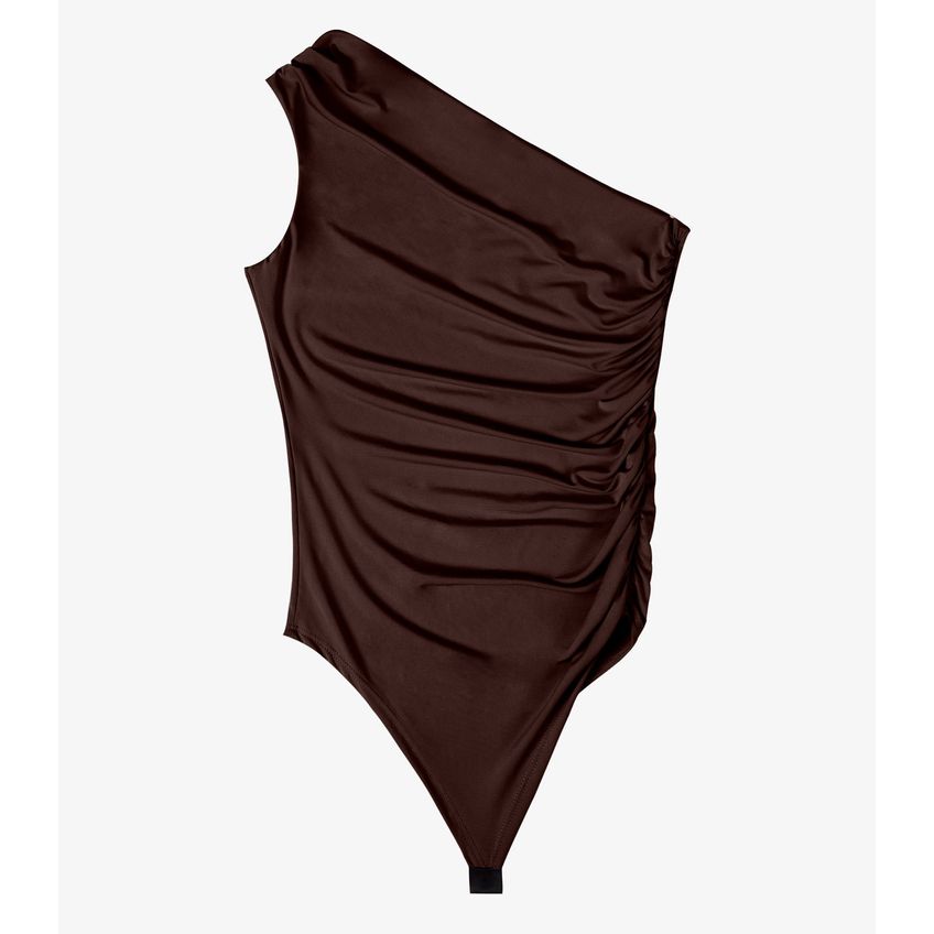 Body Feminino Ombro Único Franzido Tendência Marrom M - imagem 4