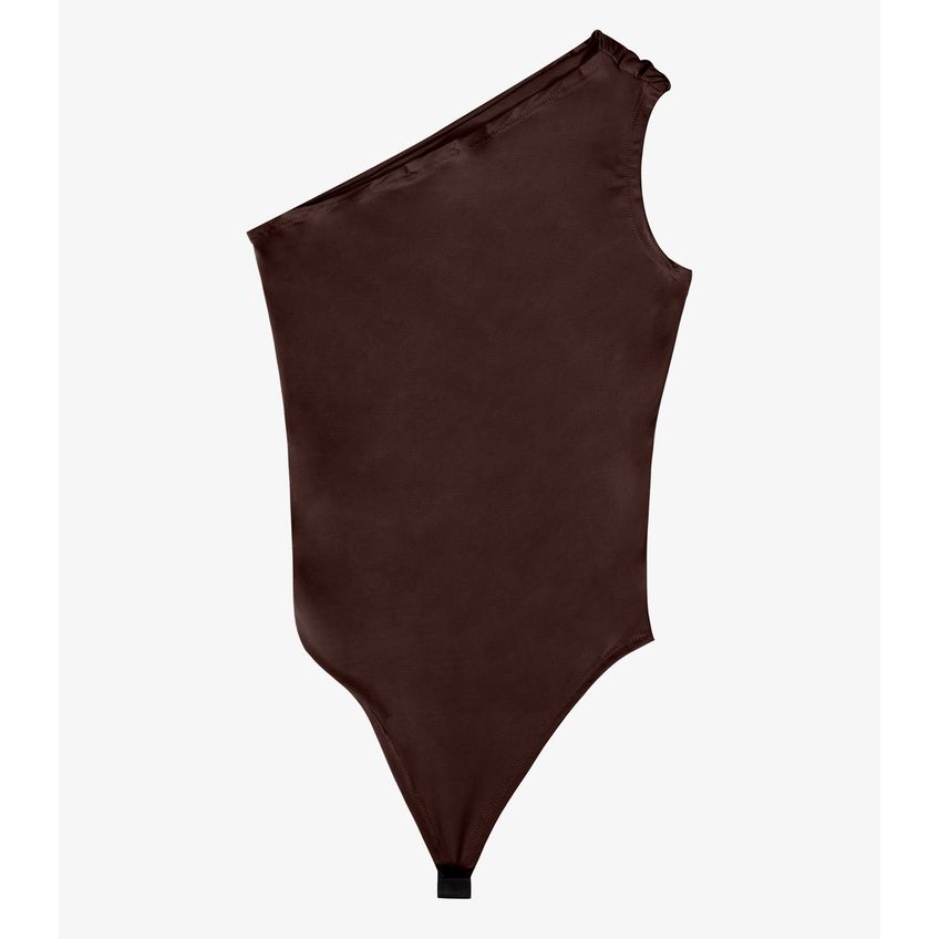 Body Feminino Ombro Único Franzido Tendência Marrom M - imagem 5