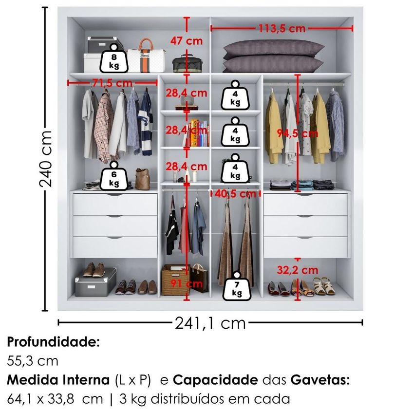 Guarda Roupa Casal 2 Portas De Correr Com Espelho Versale 241 Cm Branco Absoluto Zanz - imagem 3