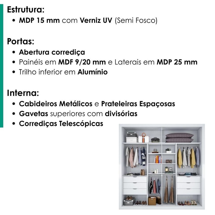 Guarda Roupa Casal 2 Portas De Correr Com Espelho Versale 241 Cm Branco Absoluto Zanz - imagem 4
