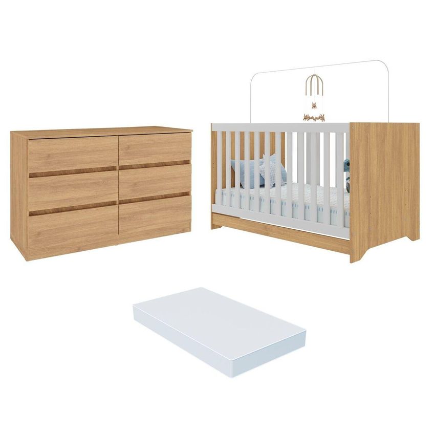 Quarto De Bebê Berço Americano 3 Em 1 Com Colchão Incluso E Cômoda 6 Gavetas Multimóveis MP4871 Madeirado/Branco - imagem 2
