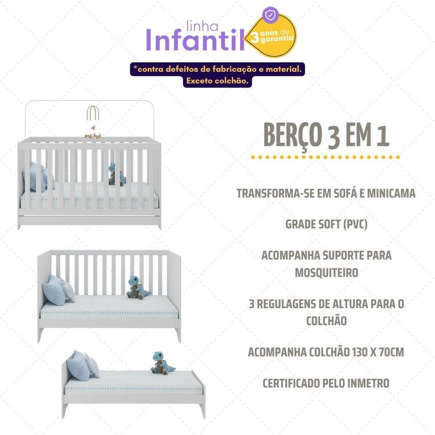 Quarto De Bebê Berço Americano 3 Em 1 Com Colchão Incluso E Cômoda 6 Gavetas Multimóveis MP4871 Branco - imagem 3