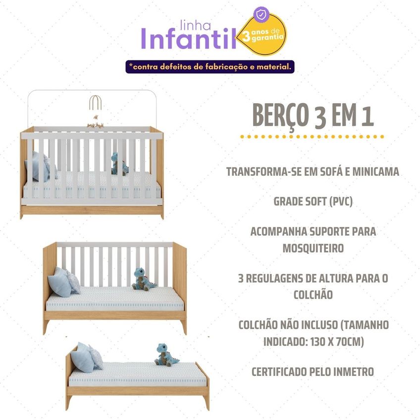 Quarto De Bebê Com Berço Americano 3 Em 1 E Cômoda 6 Gavetas Multimóveis Mp4870 Madeirado/branco - imagem 3