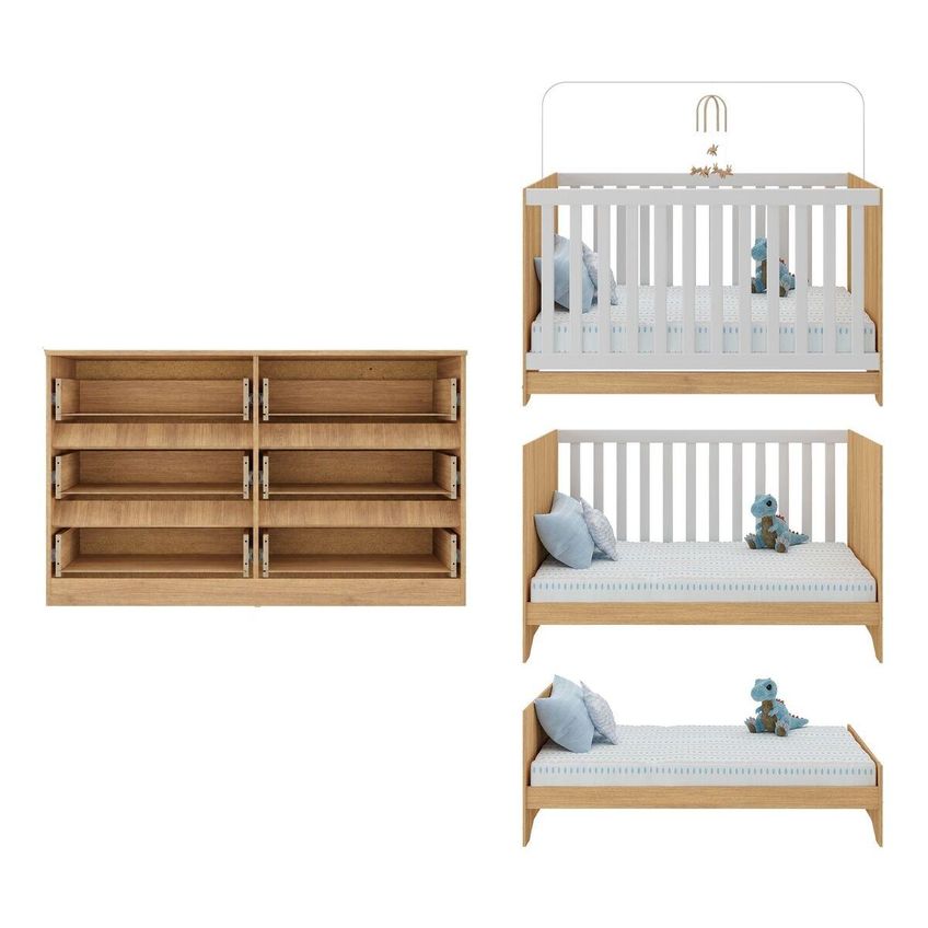 Quarto De Bebê Com Berço Americano 3 Em 1 E Cômoda 6 Gavetas Multimóveis Mp4870 Madeirado/branco - imagem 5