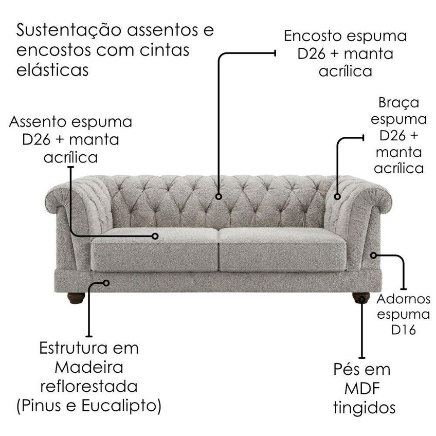 Sofa 2 Lugares Capitone Acorde 190 Cm Pes MDF Boucle TCE 1018 Moll - imagem 5