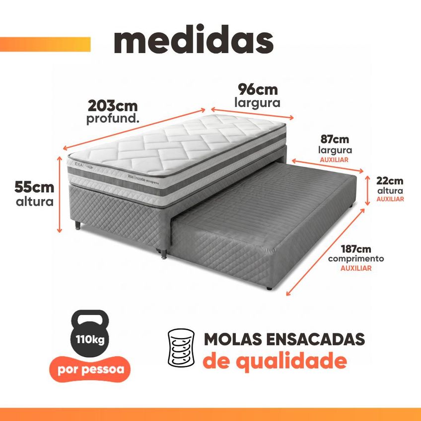 Bicama Box Solteiro King Com Auxiliar E Colchão Molas Ensacadas Prisma 96x203x55cm Herval - imagem 4