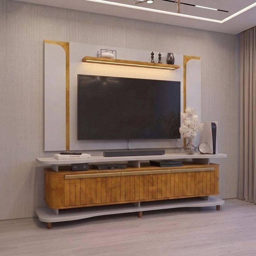 Rack Com Painel Para TV Até 75 Polegadas Com LED Pés Madeira Maciça Guarapari Espresso Móveis Off White/Naturalle - imagem 5