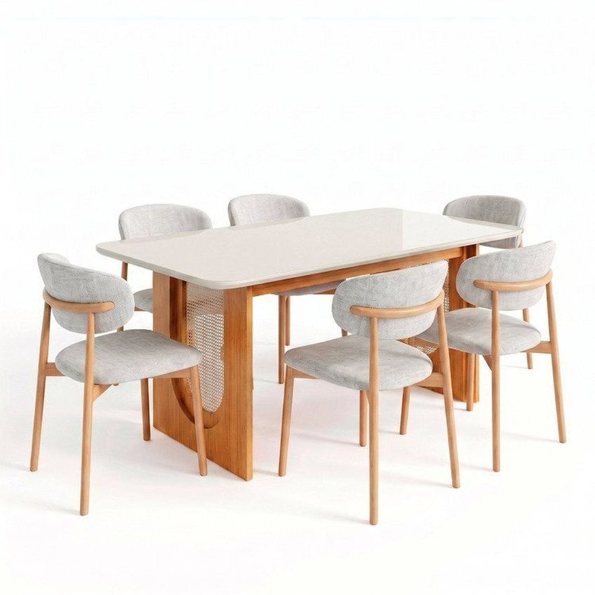 Conjunto Jantar Mesa Tali 180cm E 6 Cadeiras Ema Cabecasa Madeiraoriginals Off White/prata/carvalho Offwhite/prata/carvalho - imagem 3
