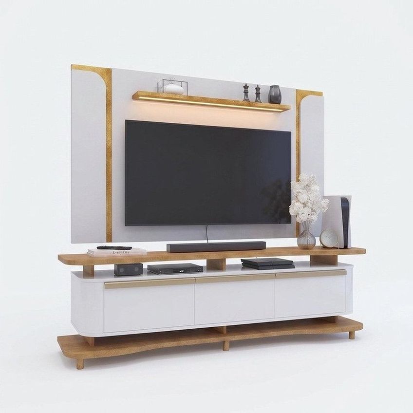 Rack Com Painel Para TV Até 75 Polegadas Com LED Pés Madeira Maciça Guarapari Espresso Móveis Off White/Naturalle - imagem 4