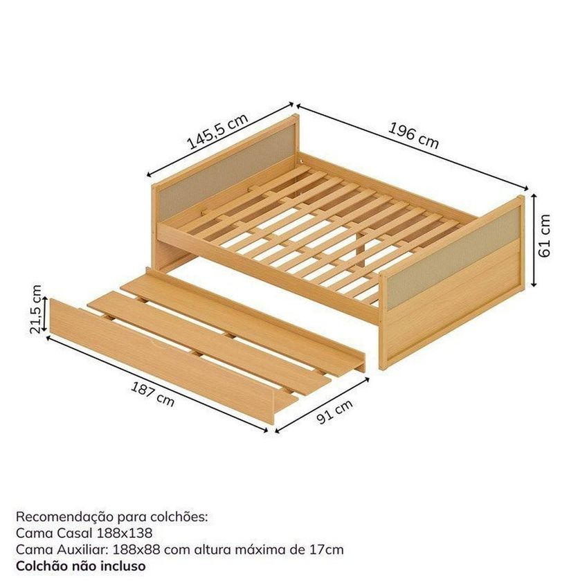Cama Casal Em Madeira Maciça Com Cama Auxiliar Magna Kids Casatema Madeiraoriginals Marrom/Natural Natural - imagem 3