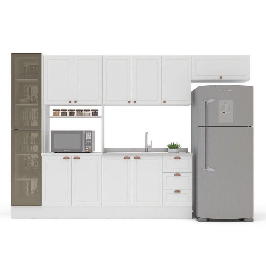 Cozinha Pérola Com Rodapé E Cristaleira Com Led 5 Peças 320 Cm Yescasa Branco Branco - imagem 4