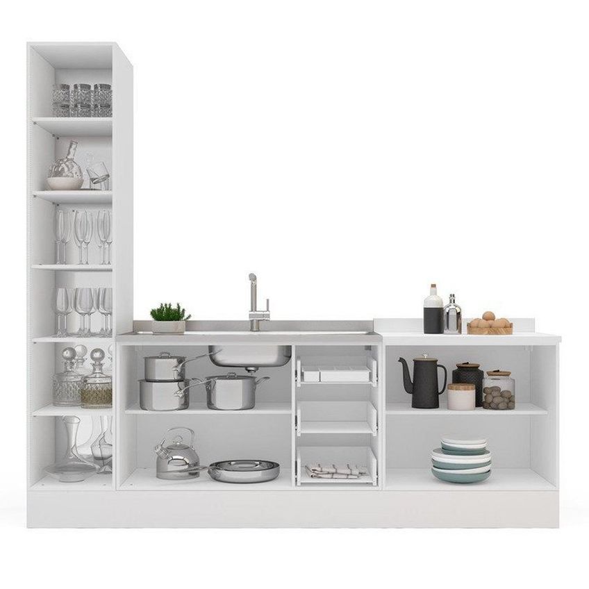 Cozinha Pérola Com Rodapé E Cristaleira Com Led 3 Peças 240 Cm Yescasa Branco Cinza - imagem 4