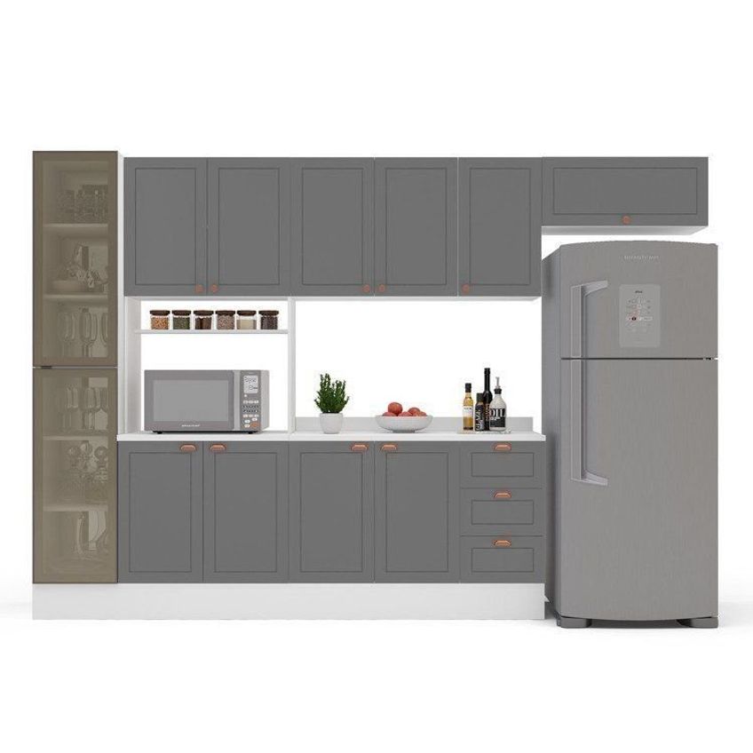 Cozinha Pérola Com Rodapé Tampo E Cristaleira Com Led 5 Peças 320 Cm Yescasa Cinza Cinza - imagem 4