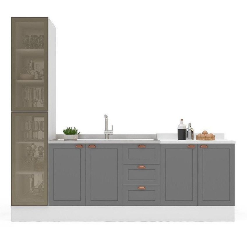 Cozinha Pérola Com Rodapé E Cristaleira Com Led 3 Peças 240 Cm Yescasa Branco Cinza - imagem 5