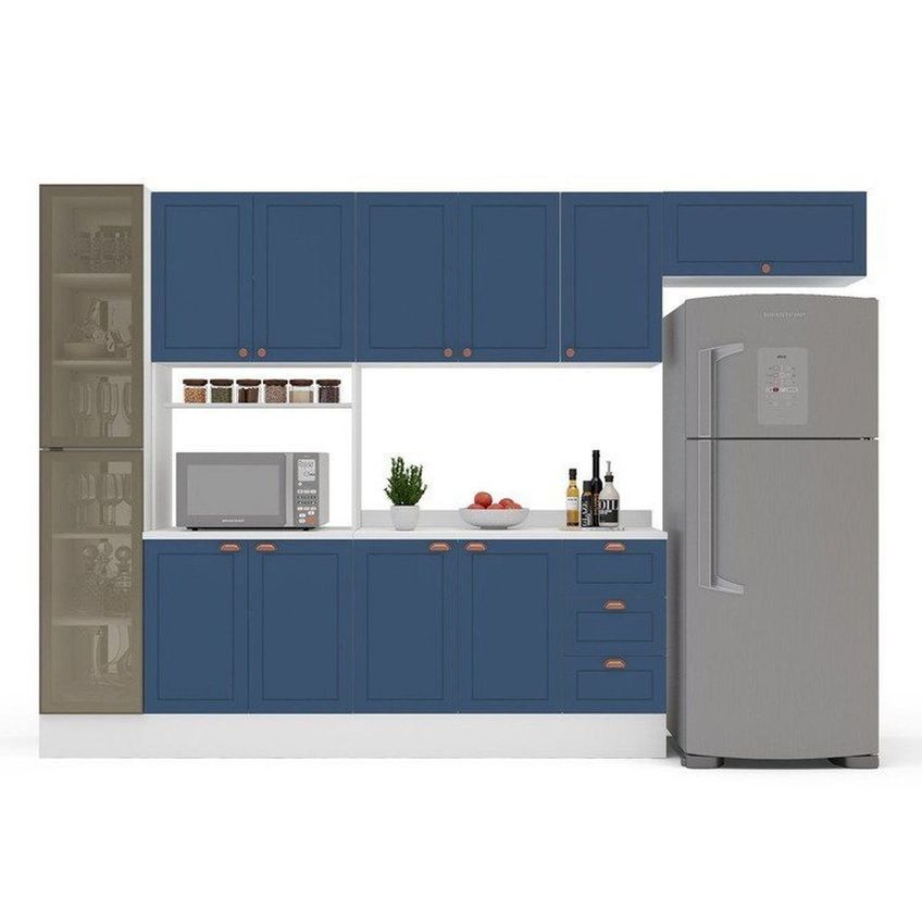 Cozinha Pérola Com Rodapé Tampo E Cristaleira Com Led 5 Peças 320 Cm Yescasa Azul Azul - imagem 4