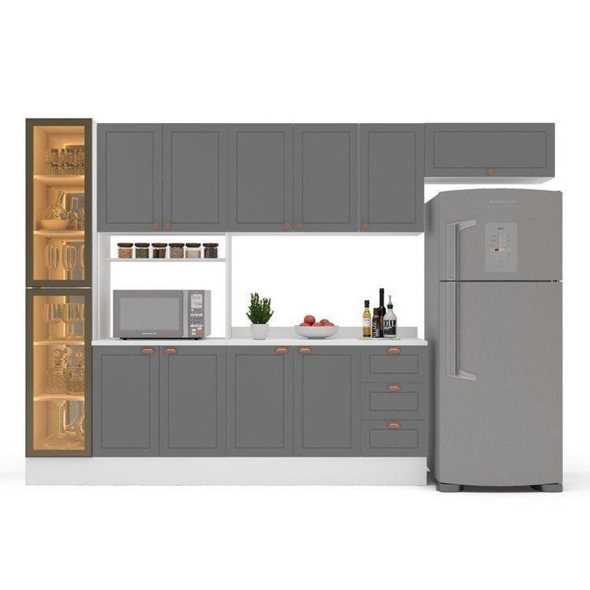 Cozinha Pérola Com Rodapé Tampo E Cristaleira Com Led 5 Peças 320 Cm Yescasa Cinza Cinza - imagem 5
