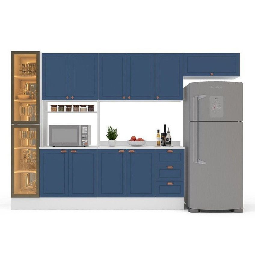Cozinha Pérola Com Rodapé Tampo E Cristaleira Com Led 5 Peças 320 Cm Yescasa Azul Azul - imagem 5