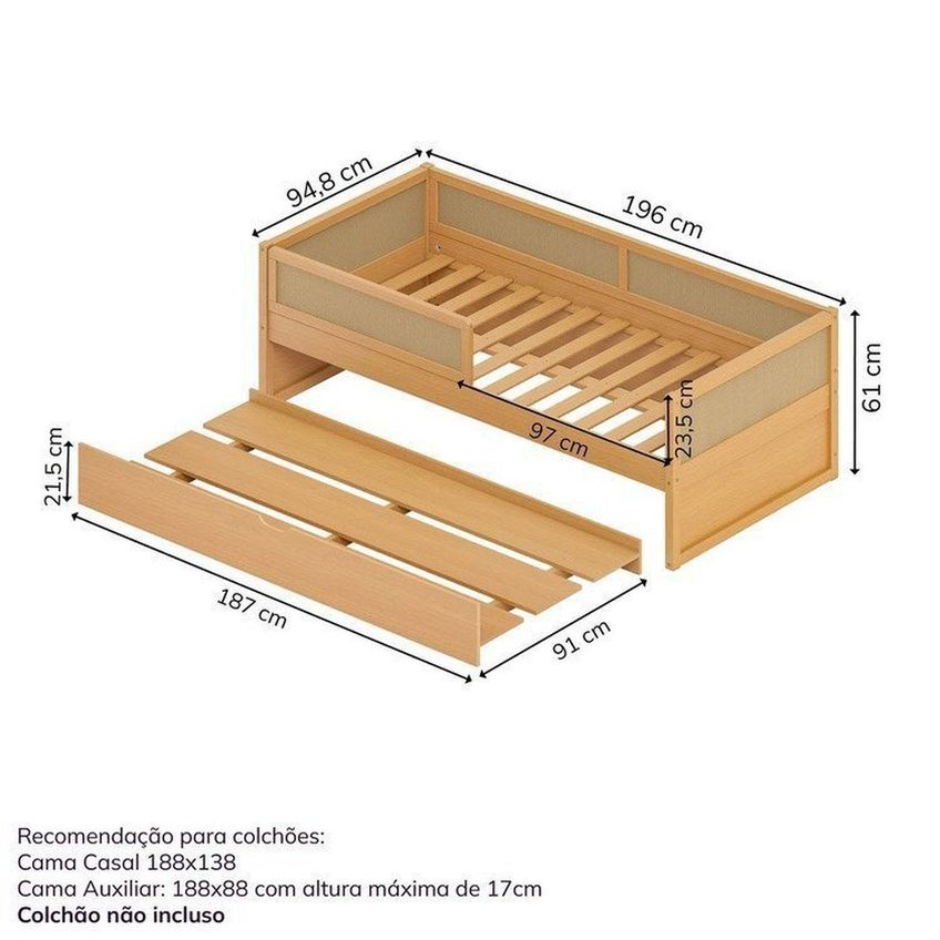 Cama Infantil Com Grades De Proteção E Cama Auxiliar Magna Kids Casatema Madeira Originals Marrom Natural - imagem 3