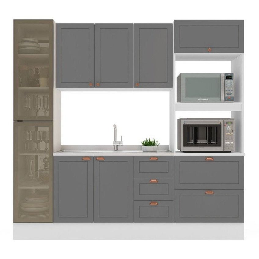 Cozinha Pérola Com Rodapé E Cristaleira Com Led 230 Cm Yescasa Cinza Cinza - imagem 4