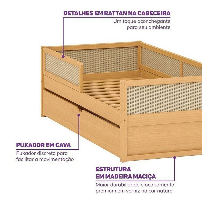 Cama Infantil Com Grades De Proteção E Cama Auxiliar Magna Kids Casatema Madeira Originals Marrom Natural - imagem 4