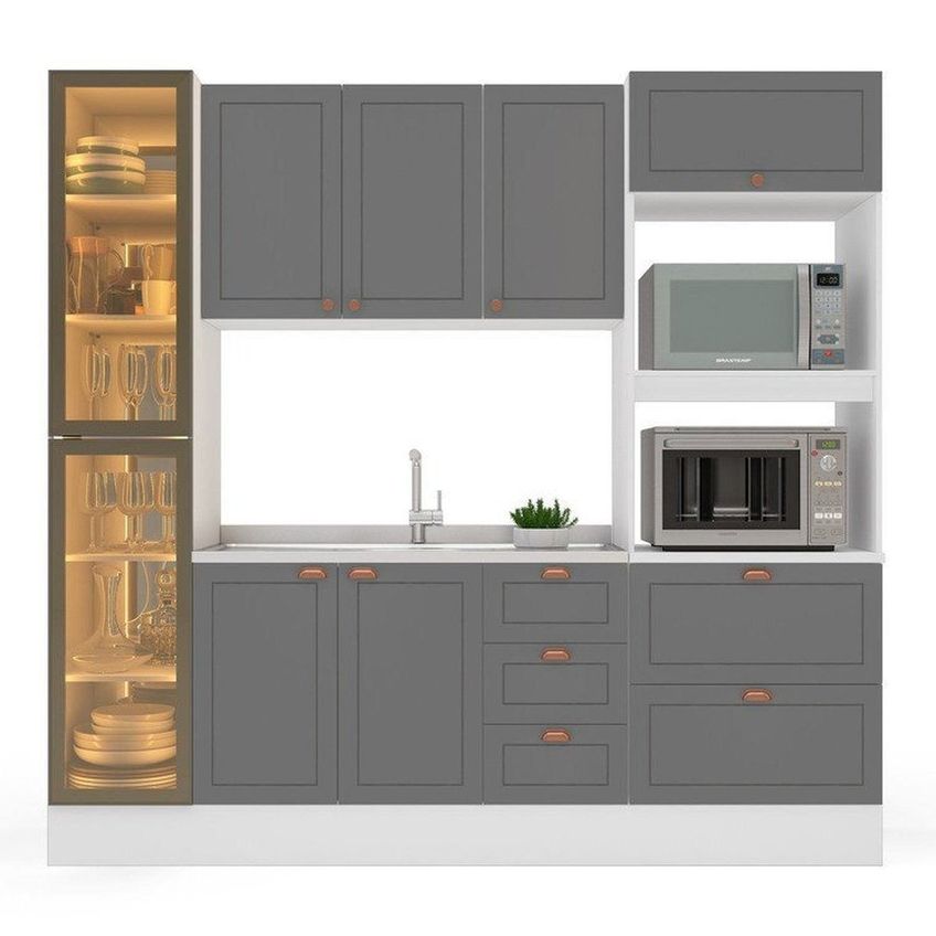 Cozinha Pérola Com Rodapé E Cristaleira Com Led 230 Cm Yescasa Cinza Cinza - imagem 5