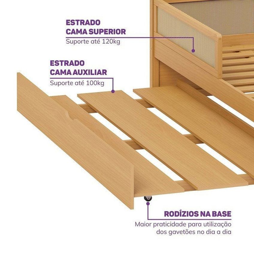 Cama Infantil Com Grades De Proteção E Cama Auxiliar Magna Kids Casatema Madeira Originals Marrom Natural - imagem 5