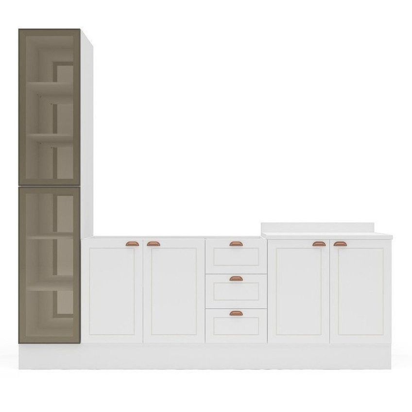 Cozinha Pérola Com Rodapé E Cristaleira Com Led 3 Peças 240 Cm Yescasa Branco Branco - imagem 2