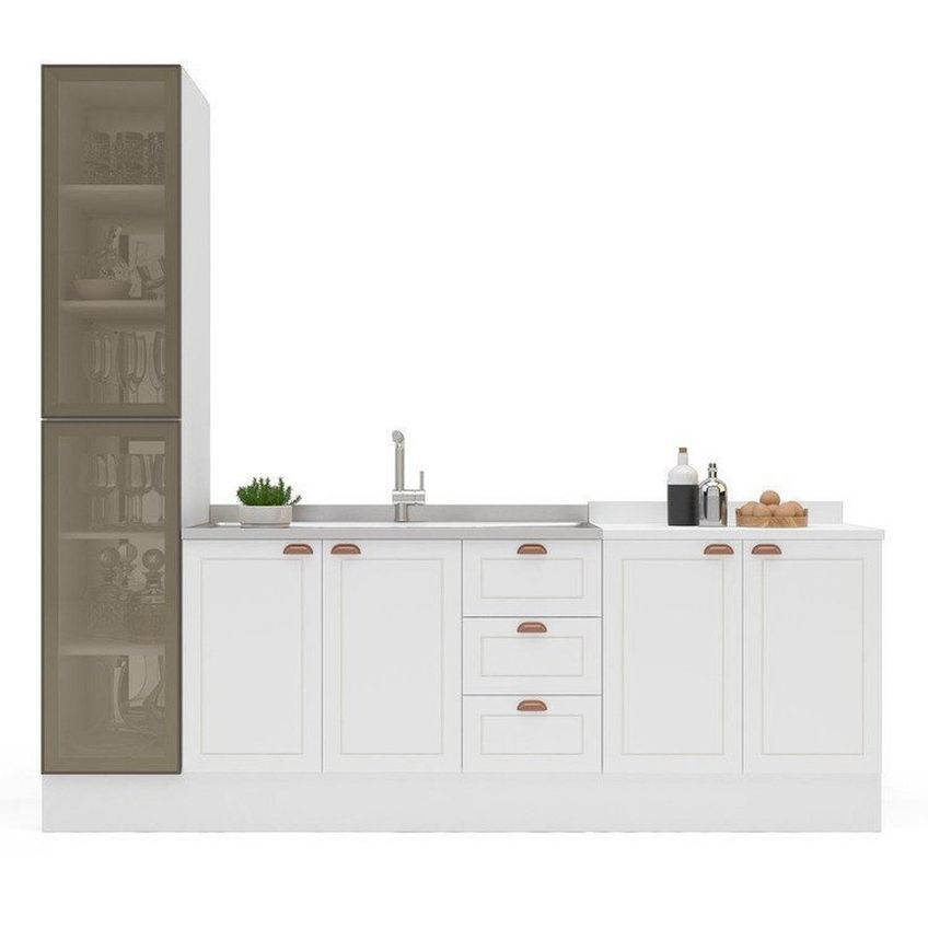 Cozinha Pérola Com Rodapé E Cristaleira Com Led 3 Peças 240 Cm Yescasa Branco Branco - imagem 5