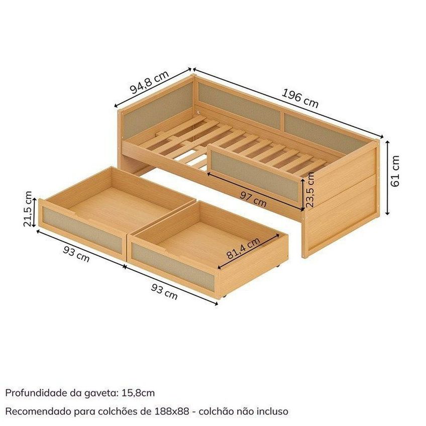 Cama Solteiro Madeira Maciça Com Grades De Proteção E Gavetas Magna Kids Casatema Madeiraoriginal Natural - imagem 3