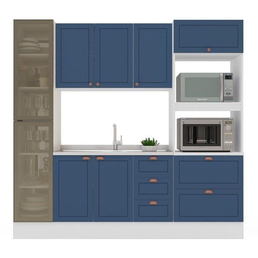 Cozinha Pérola Com Rodapé E Cristaleira 230 Cm Com Led Yescasa Azul Azul - imagem 4