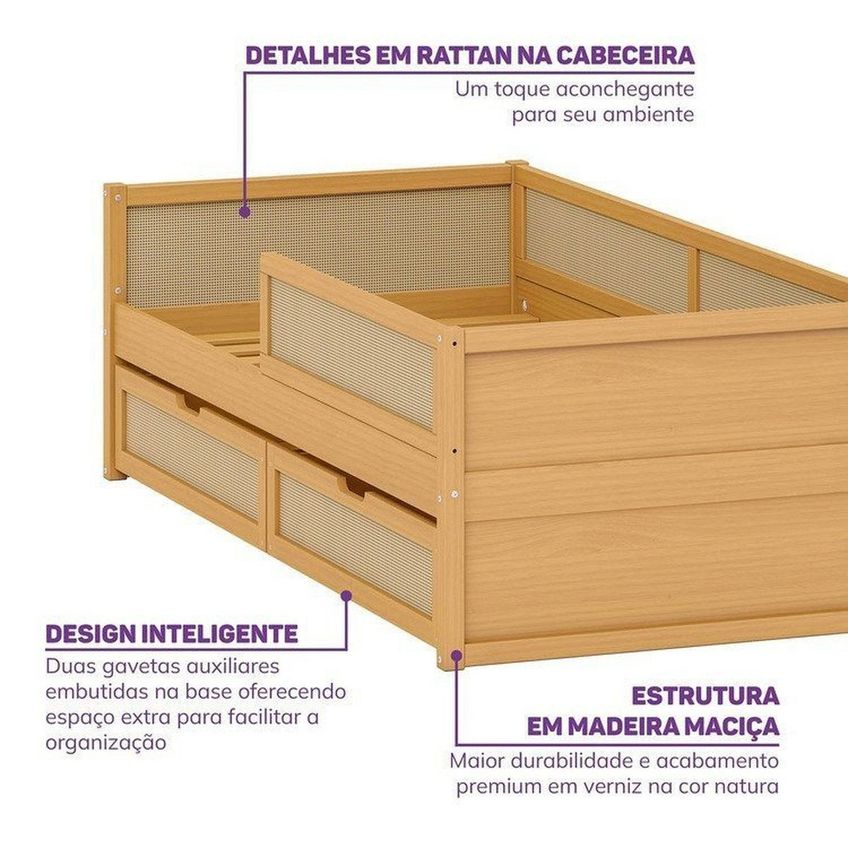 Cama Solteiro Madeira Maciça Com Grades De Proteção E Gavetas Magna Kids Casatema Madeiraoriginal Natural - imagem 4