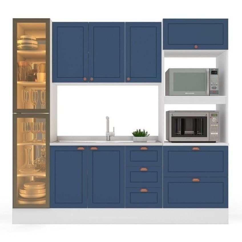 Cozinha Pérola Com Rodapé E Cristaleira 230 Cm Com Led Yescasa Azul Azul - imagem 5