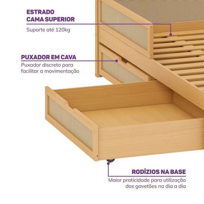 Cama Solteiro Madeira Maciça Com Grades De Proteção E Gavetas Magna Kids Casatema Madeiraoriginal Natural - imagem 5