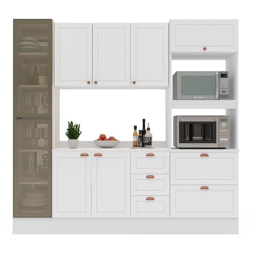 Cozinha Pérola Com Rodapé Cristaleira Com Led E Tampo 4 Peças 230 Cm Yescasa Branco Branco - imagem 4