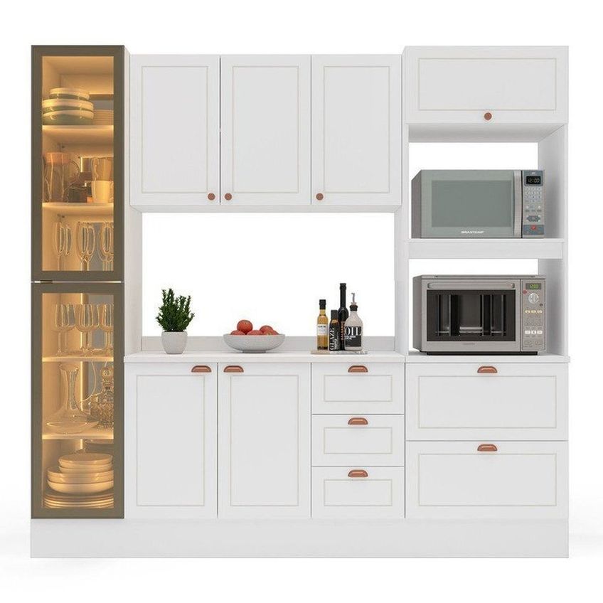 Cozinha Pérola Com Rodapé Cristaleira Com Led E Tampo 4 Peças 230 Cm Yescasa Branco Branco - imagem 5