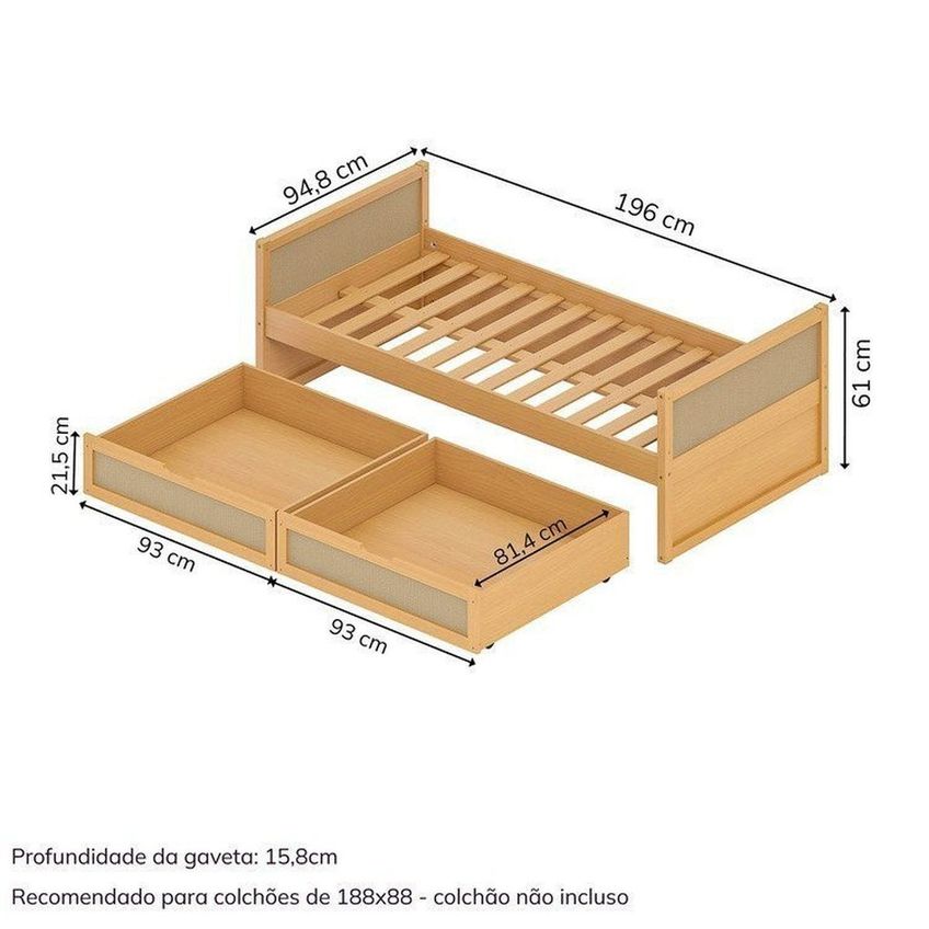 Cama Solteiro Madeira Maciça Com Gavetas Magna Kids Casatema Madeiraoriginals Marrom/natural Natural - imagem 3