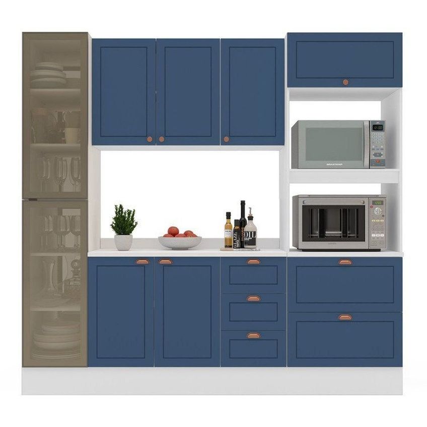 Cozinha Pérola Com Rodapé Cristaleira Com Led E Tampo 4 Peças 230 Cm Yescasa Azul Azul - imagem 4