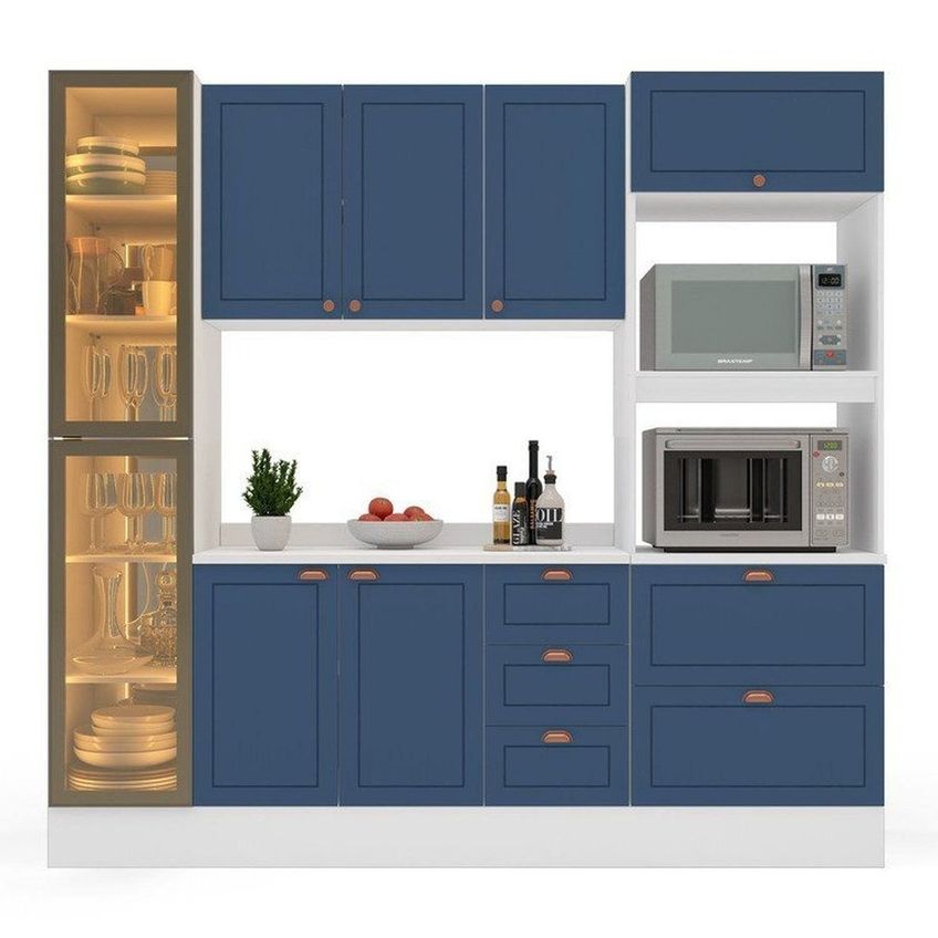 Cozinha Pérola Com Rodapé Cristaleira Com Led E Tampo 4 Peças 230 Cm Yescasa Azul Azul - imagem 5